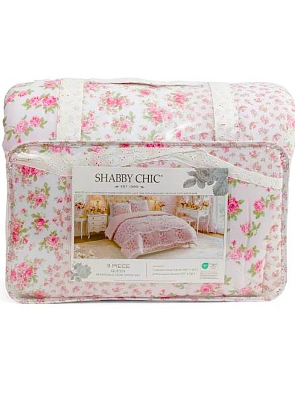 🆕- Shabby Chic 3 Piece Reversible Comforter Set - Pink White Floral, Queen Size
